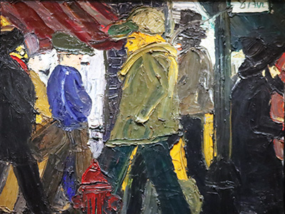 Textured painting of people walking