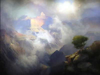Painting of misty mountain landscape